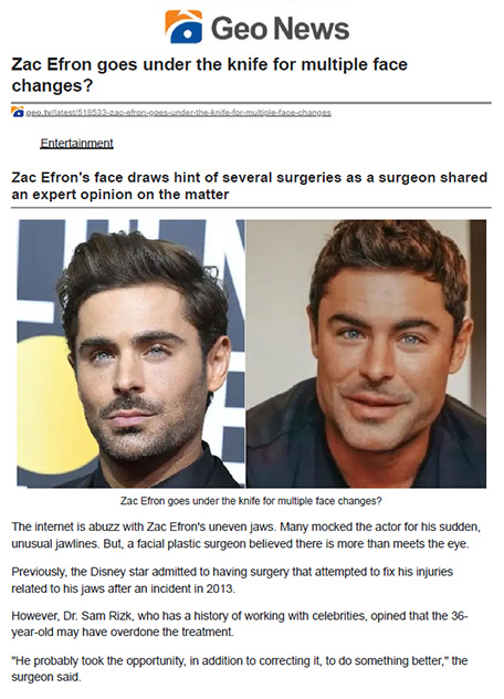 Zac Efron's face draws hint of several surgeries as a surgeon shared an expert opinion on the matter