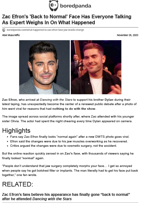 Zac Efron’s ‘Back to Normal’ Face Has Everyone Talking As Expert Weighs In On What Happened